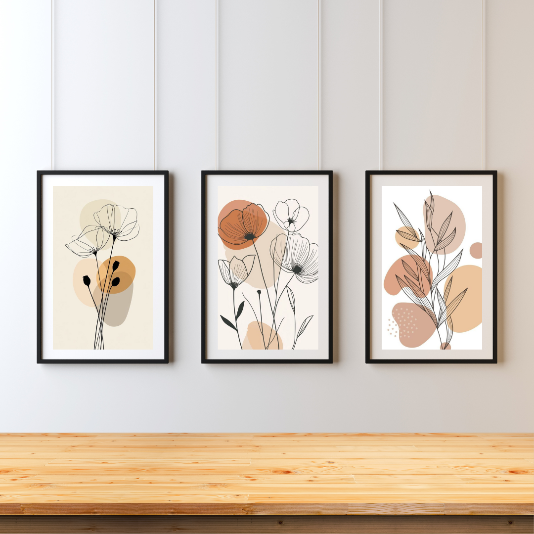 Set of 3 Boho Botanical Posters – Minimalist Abstract Floral Line Art Wall Prints