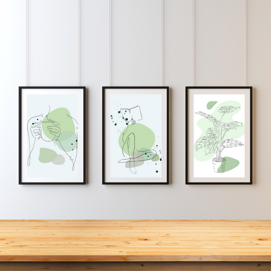 Minimalist Line Art Wall Art Set of 3 | Abstract Green Prints | Modern Scandinavian Home Decor