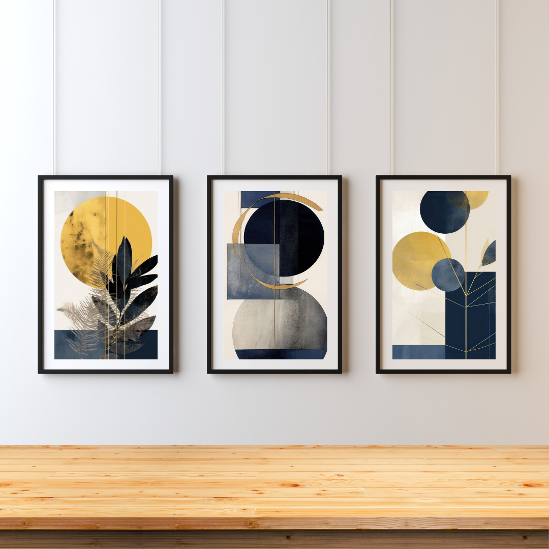 Set of 3 Geometric Boho Wall Art Prints – Navy Blue & Gold
