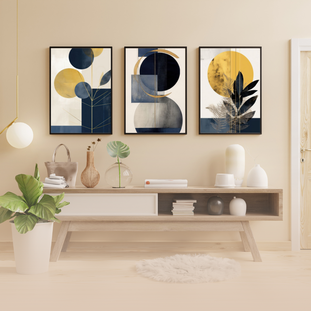 Set of 3 Geometric Boho Wall Art Prints – Navy Blue & Gold