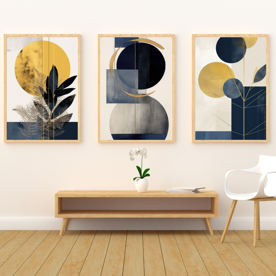 Set of 3 Geometric Boho Wall Art Prints – Navy Blue & Gold