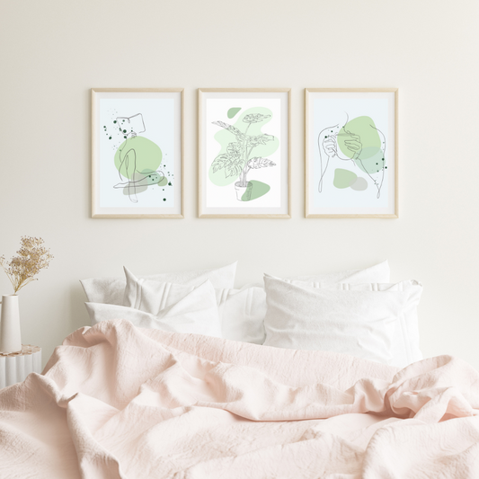 Minimalist Line Art Wall Art Set of 3 | Abstract Green Prints | Modern Scandinavian Home Decor