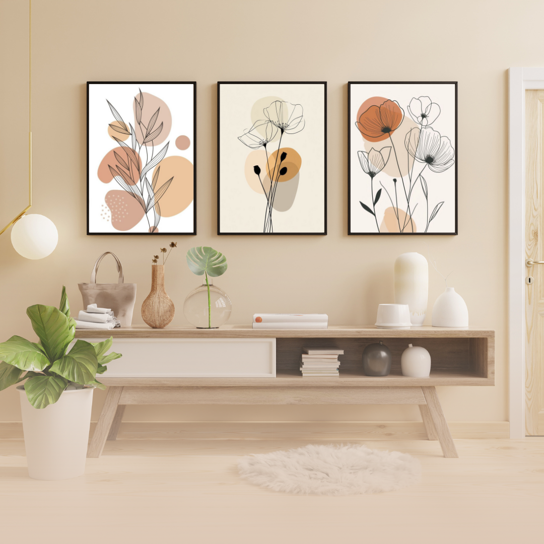 Set of 3 Boho Botanical Posters – Minimalist Abstract Floral Line Art Wall Prints