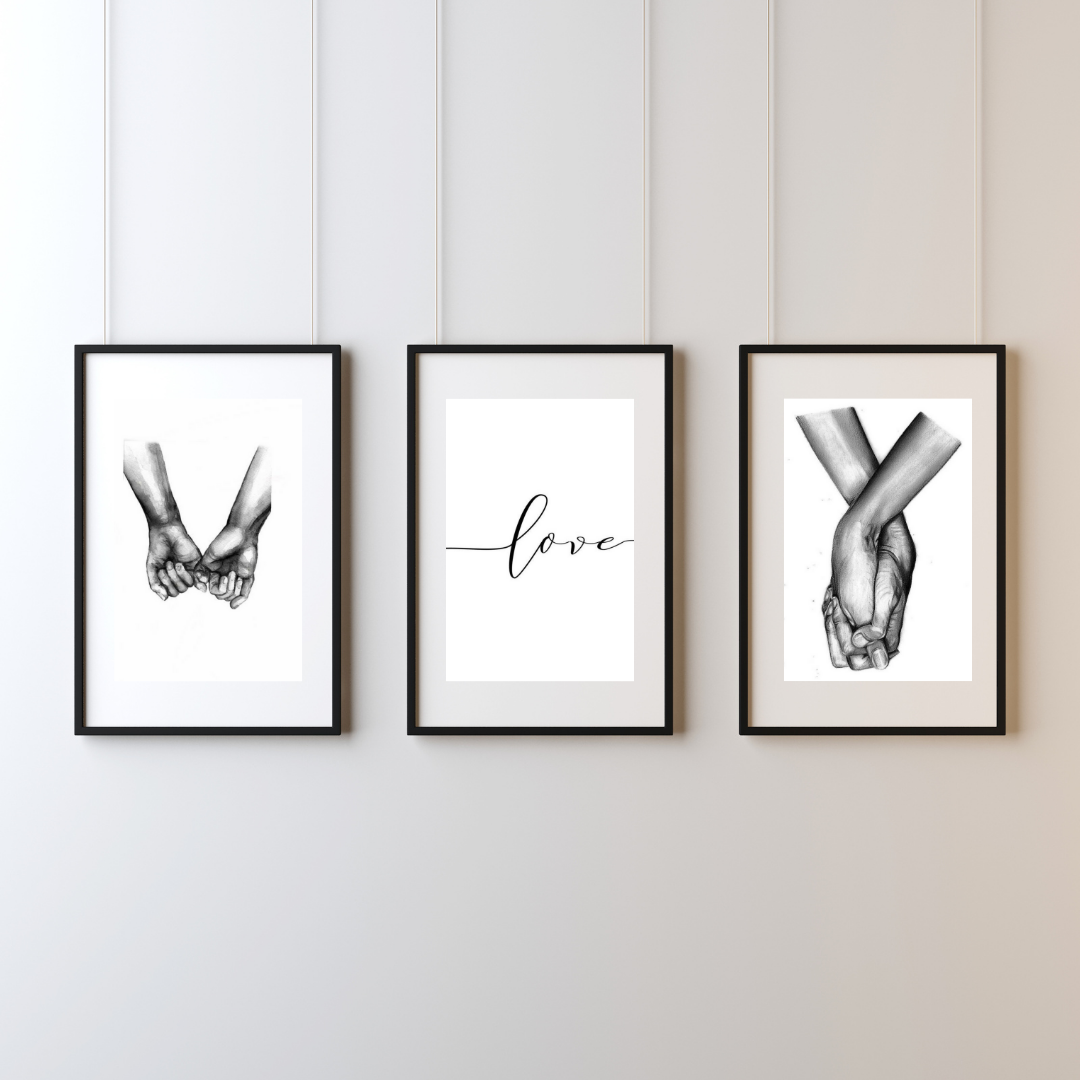 Minimalist Love Wall Art – Holding Hands Black & White Prints (Set of 3)