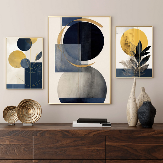 Set of 3 Geometric Boho Wall Art Prints – Navy Blue & Gold