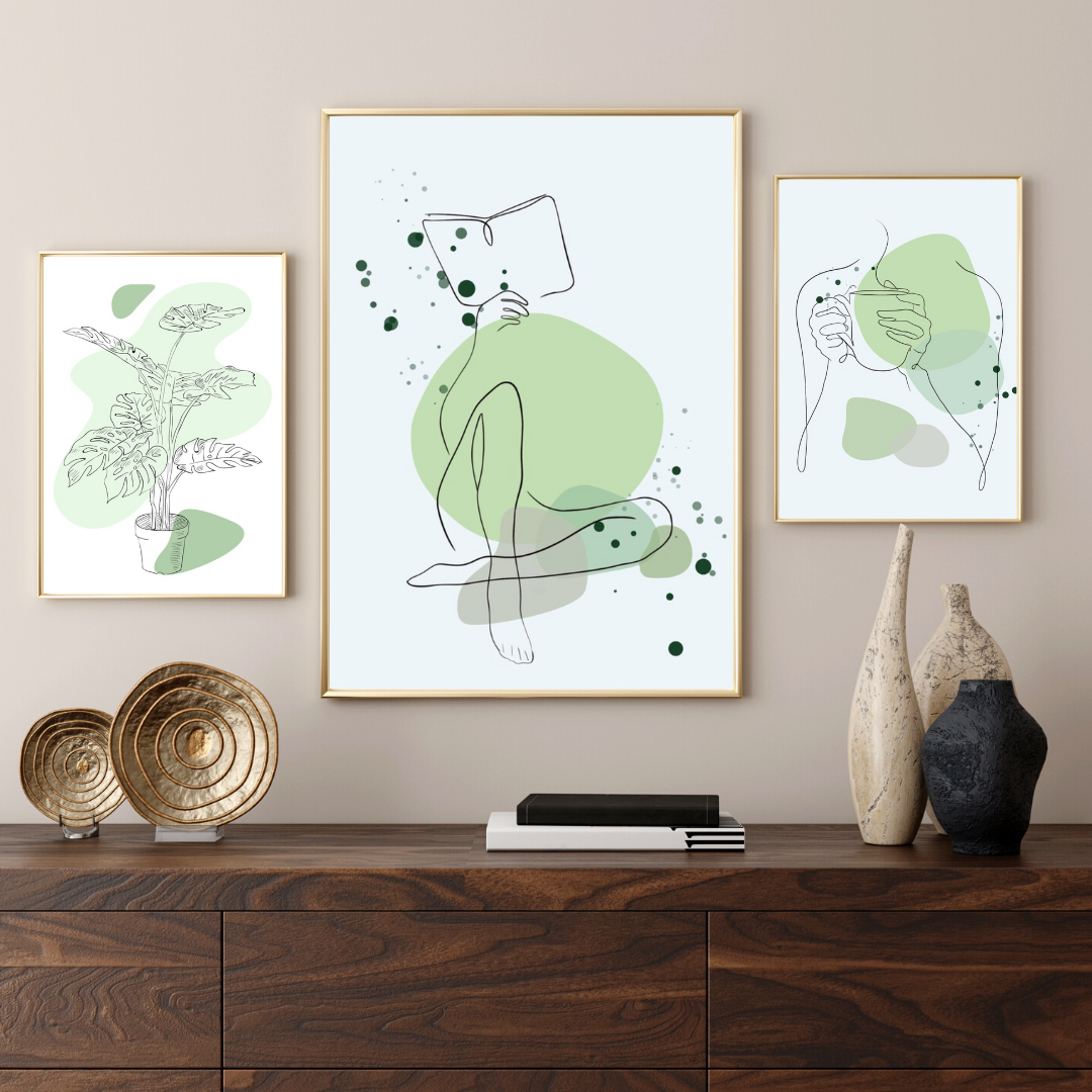 Minimalist Line Art Wall Art Set of 3 | Abstract Green Prints | Modern Scandinavian Home Decor
