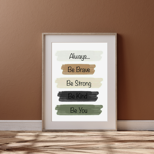 Motivational Quote Wall Art – Be Brave, Be Strong, Be Kind, Be You – Printable Digital Download