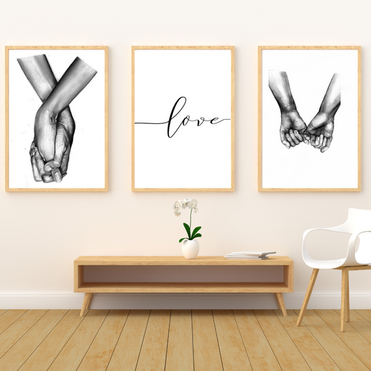 Minimalist Love Wall Art – Holding Hands Black & White Prints (Set of 3)