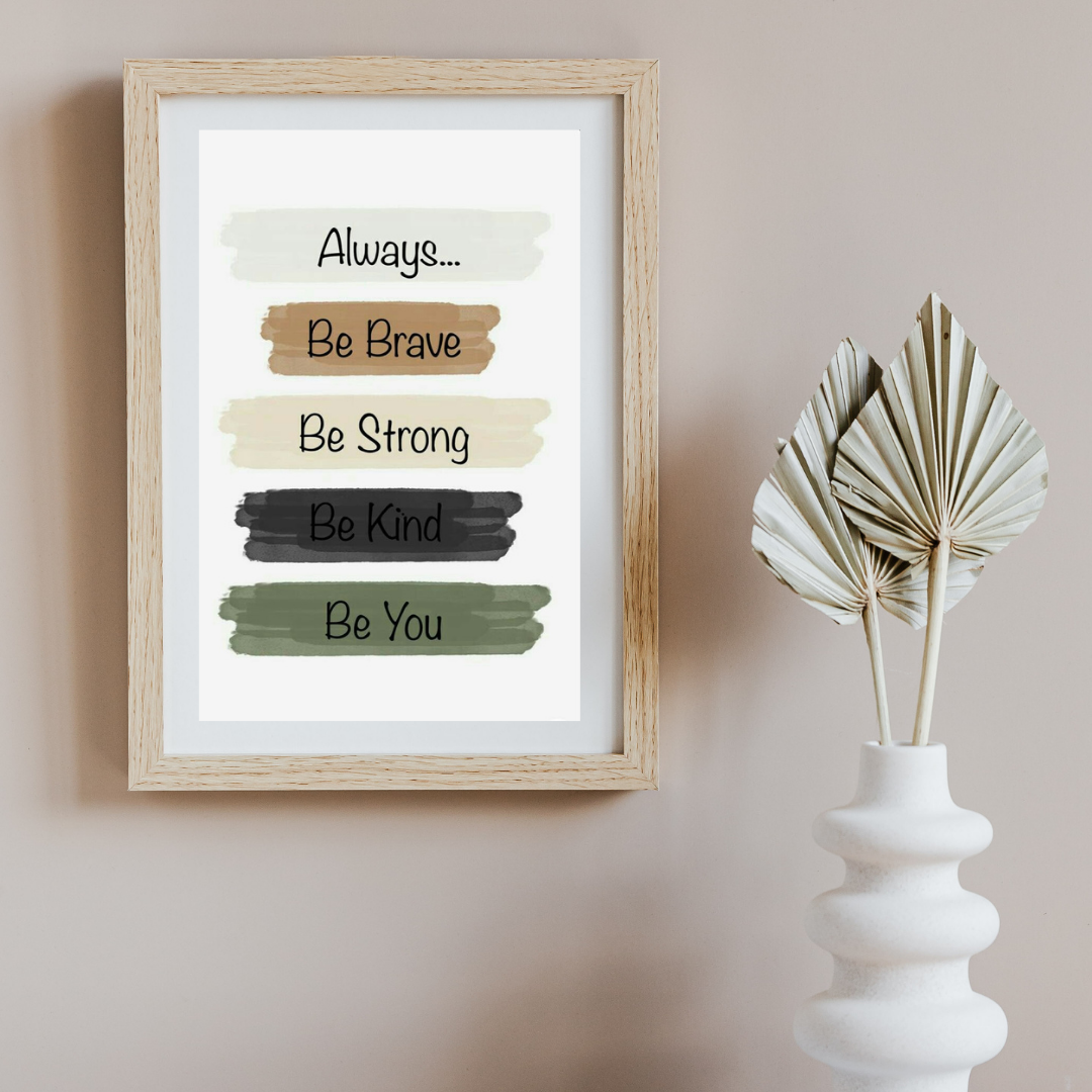 Motivational Quote Wall Art – Be Brave, Be Strong, Be Kind, Be You – Printable Digital Download