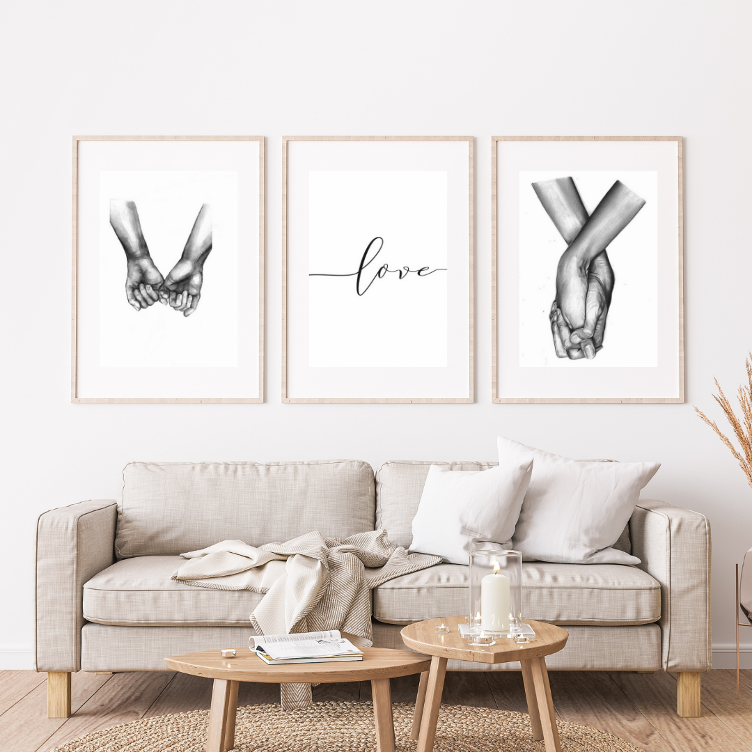 Minimalist Love Wall Art – Holding Hands Black & White Prints (Set of 3)