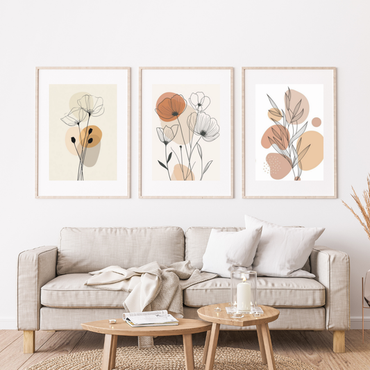 Set of 3 Boho Botanical Posters – Minimalist Abstract Floral Line Art Wall Prints