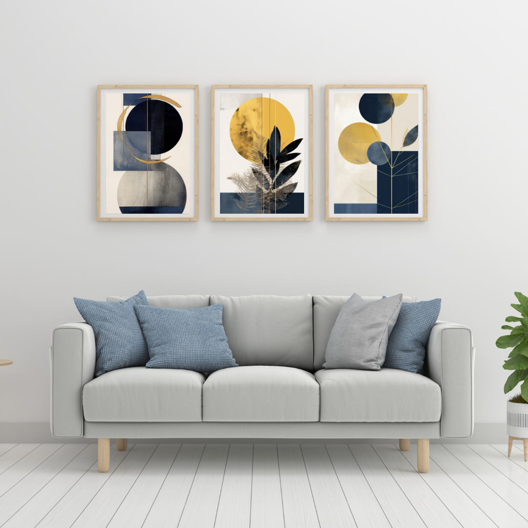 Set of 3 Geometric Boho Wall Art Prints – Navy Blue & Gold