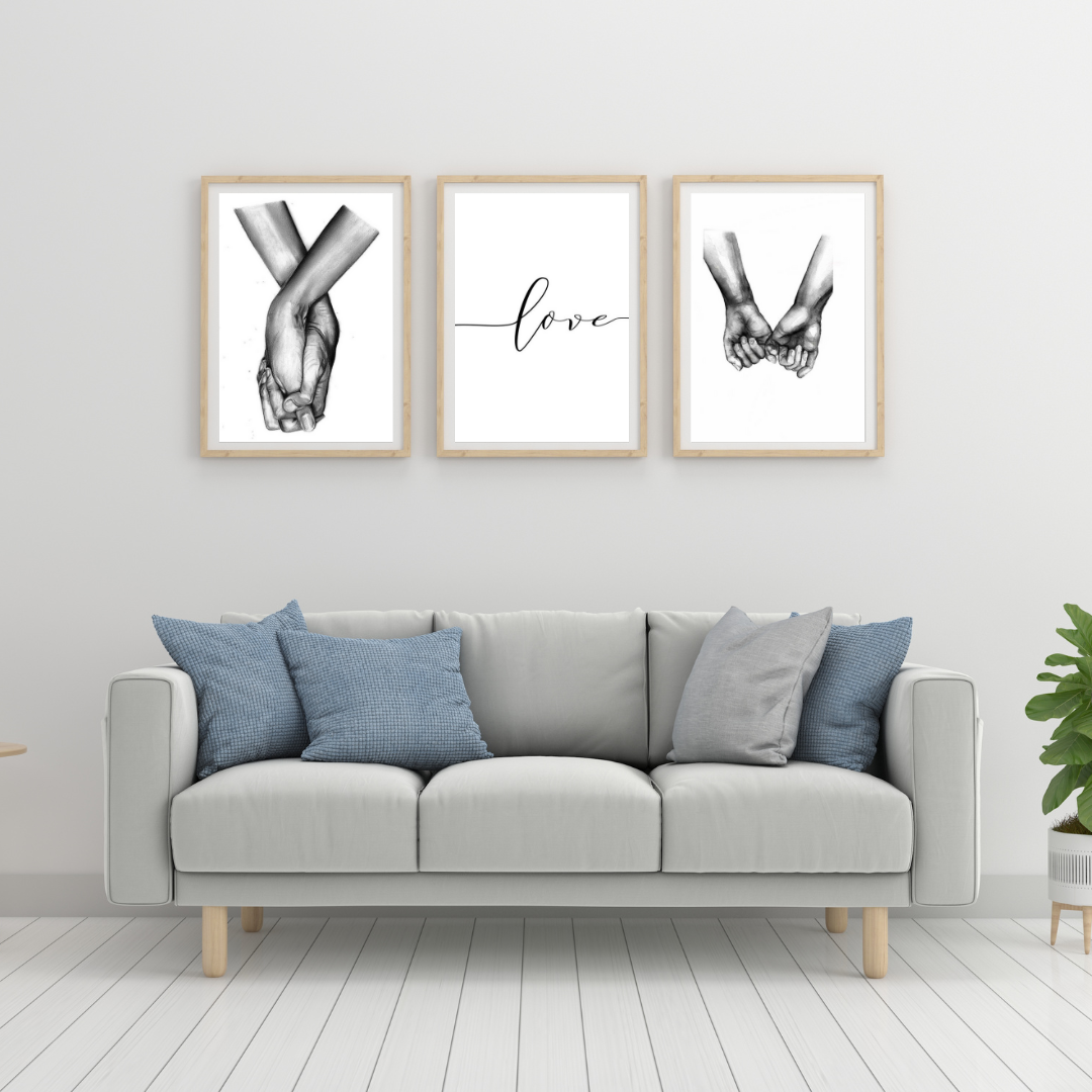 Minimalist Love Wall Art – Holding Hands Black & White Prints (Set of 3)